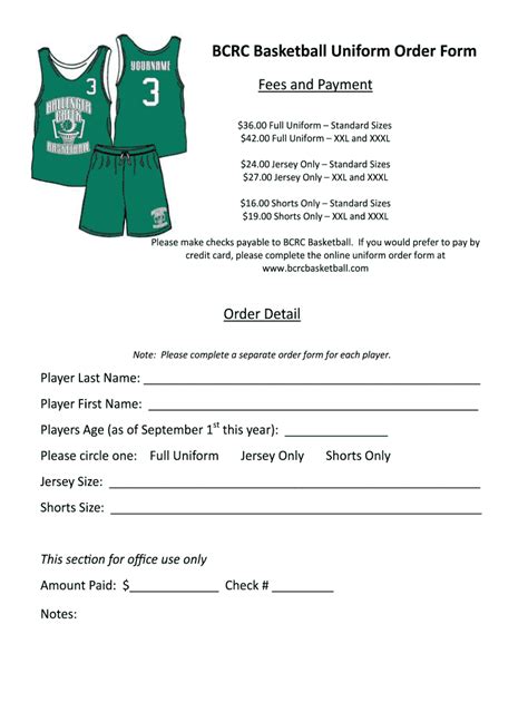 Basketball Uniform Order Form Template 10