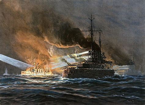 A painting of the Battle of Jutland, showing the British and German fleets engaged in combat