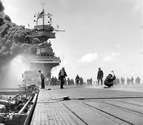 Japanese aircraft carrier Akagi sinking during the Battle of Midway