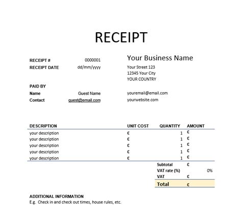 Bed and Breakfast Receipt Template Example