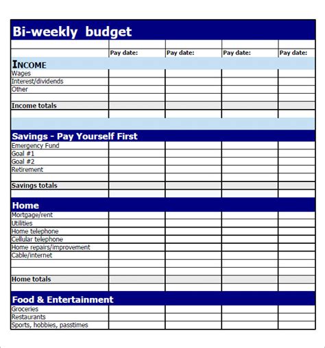 Bi-Weekly Budget Template Example