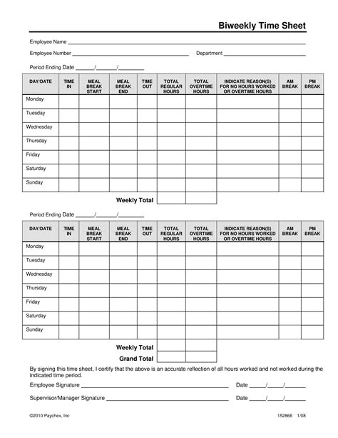 Bi-weekly employee timesheet template example