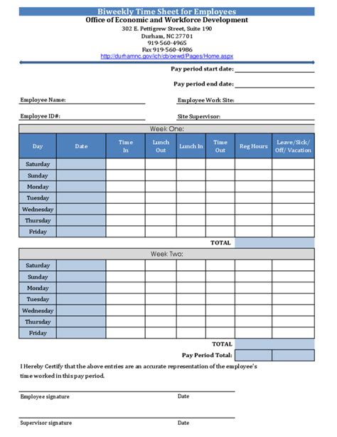 Bi-Weekly Time Card Template