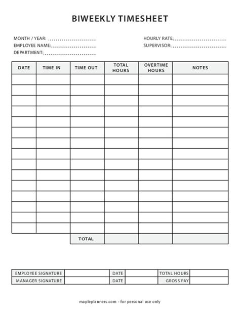 Bi-Weekly Timesheet Template PDF Template