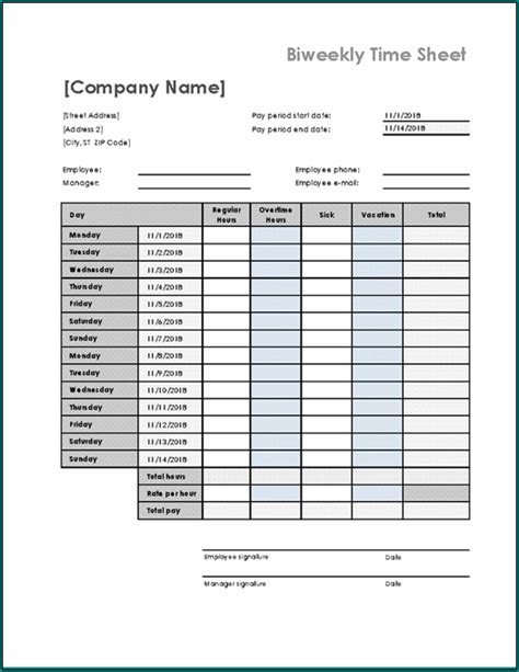 Bi-Weekly Timesheet Template Printable