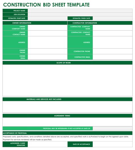 Bid Sheet Templates