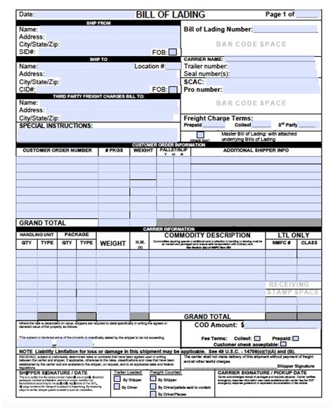 Bill of Lading Template Excel