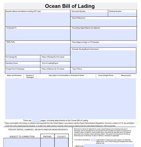 Bill of Lading Template for Sea Freight