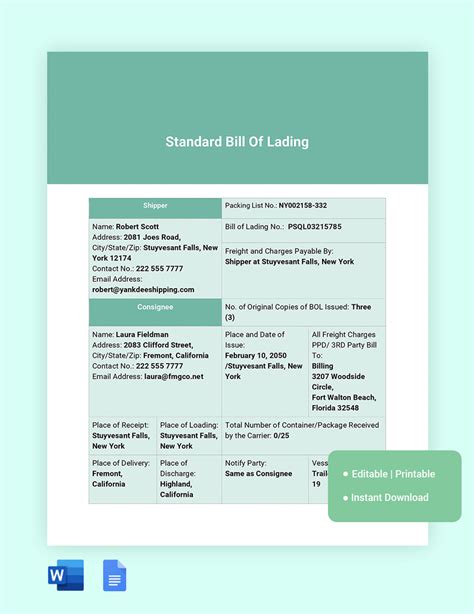 Bill of Lading Template Google Docs