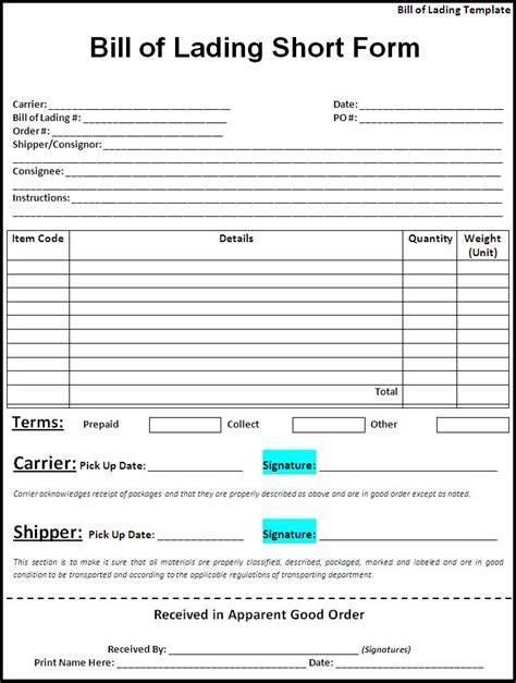 Bill of Lading Template PDF