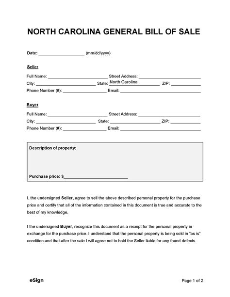 Bill of Sale NC Template Free Download