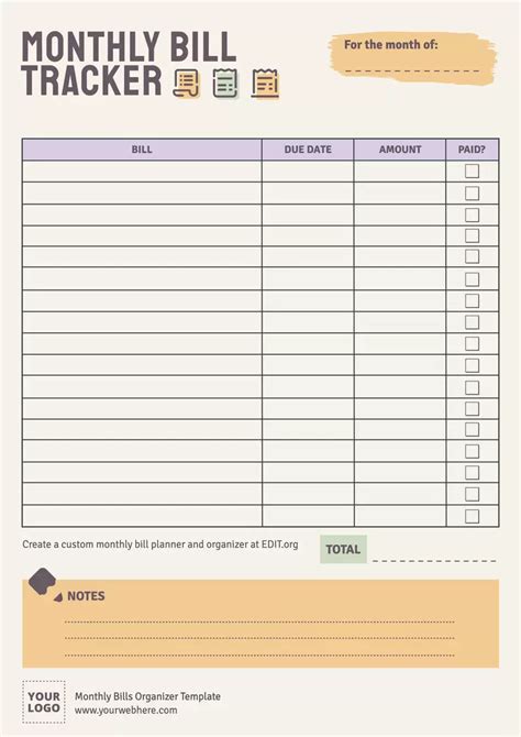 Bill Organizer Template Example