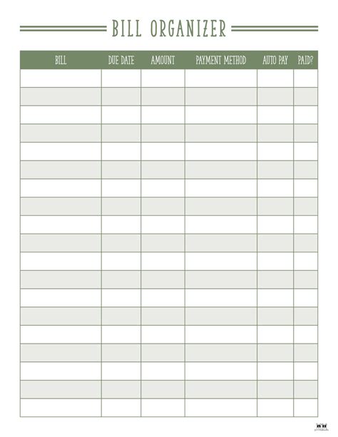 Free Bill Organizer Template