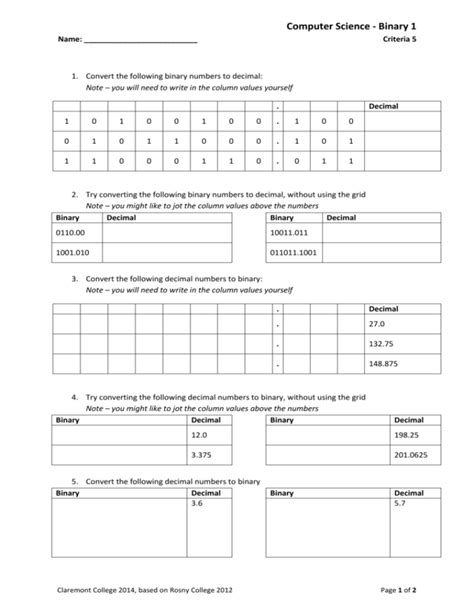 Binary Conversion Worksheet