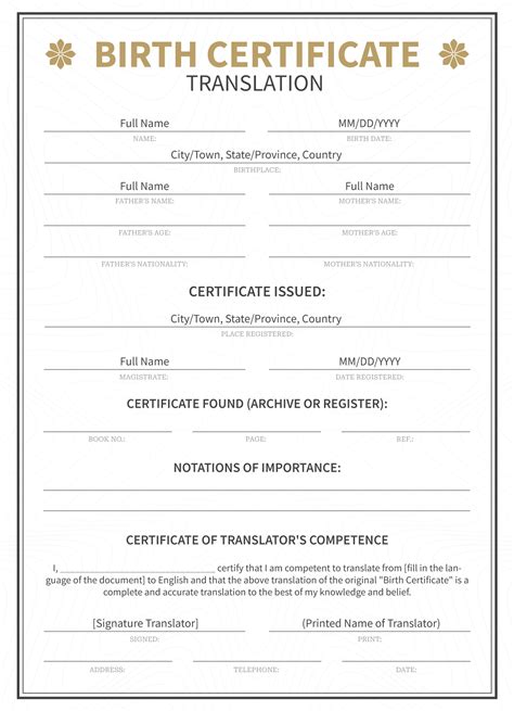 Birth Certificate Translation Template Example