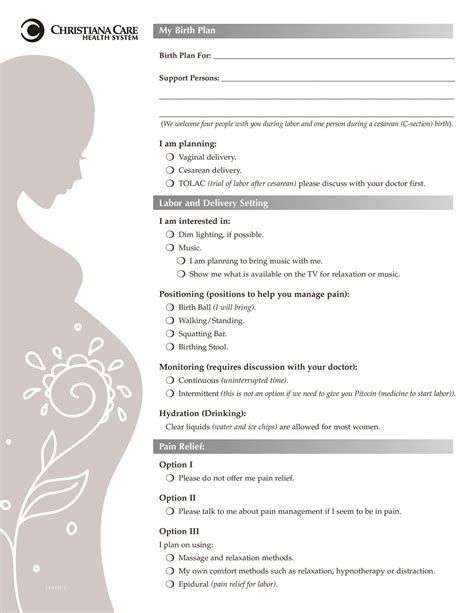 A birth plan template with a minimalist design