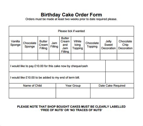 Birthday Cake Order Form Template