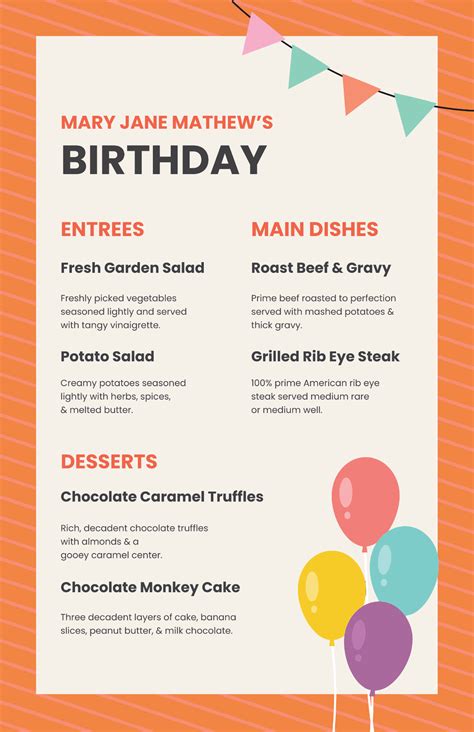 Birthday Dinner Menu Template Ideas