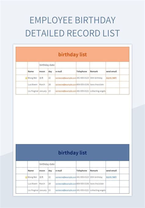 Birthday Excel template