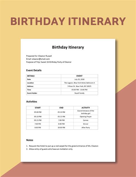 birthday itinerary template