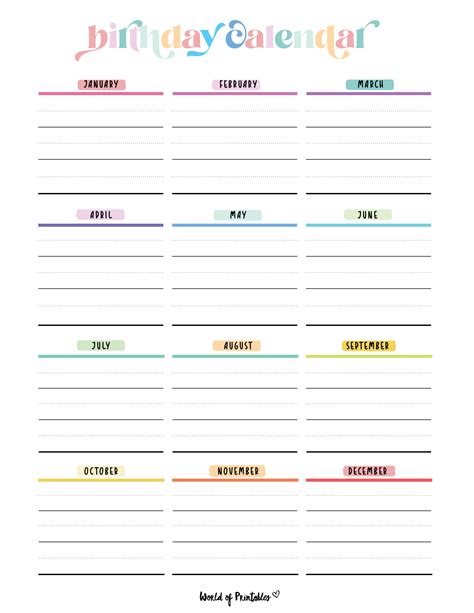 Birthday List Template 4