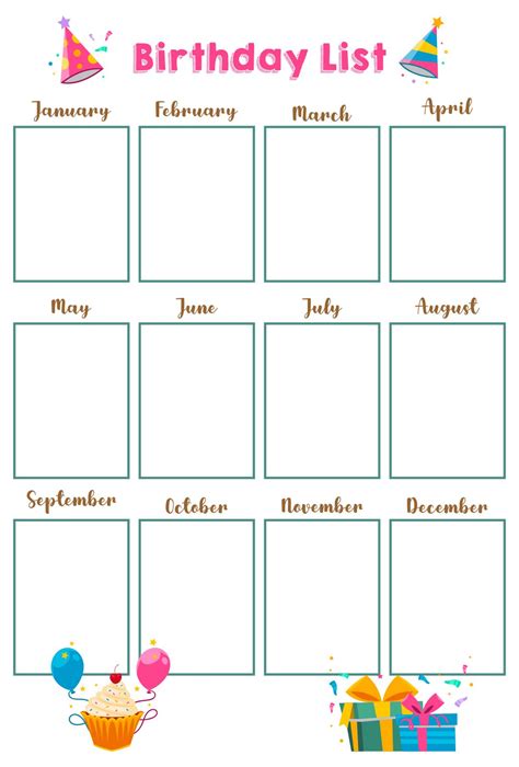 Birthday List Template 5