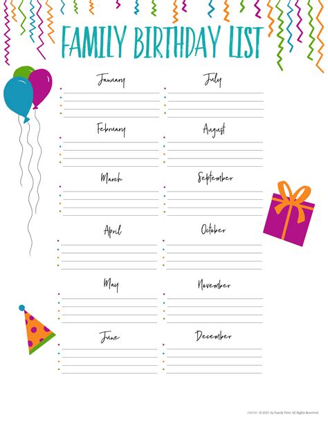 Birthday List Template 6