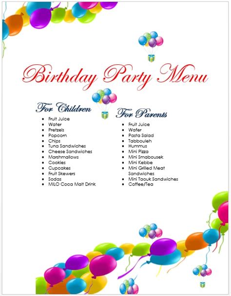 Birthday Menu Template 2