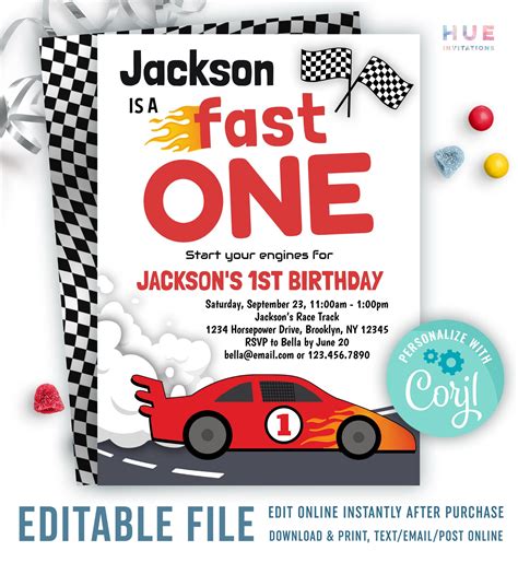 A birthday racing invitation featuring a happy child