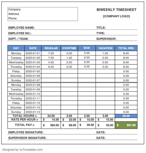 Biweekly Timesheet Template Example