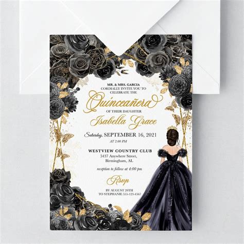 Black and Gold Quinceañera Invitation