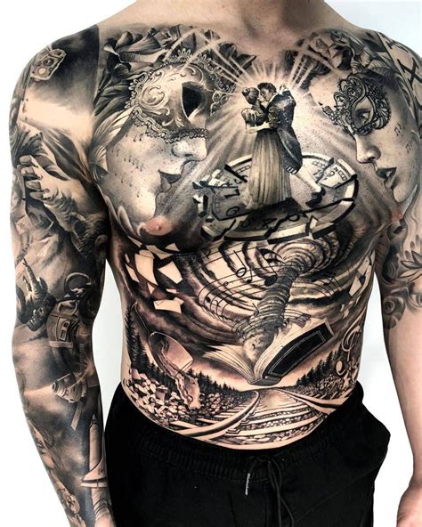 Black and gray chest tattoos