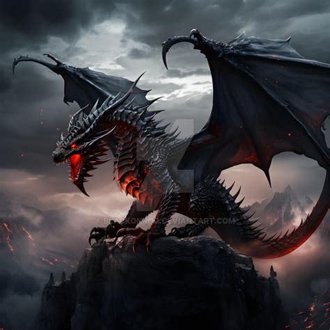 A breathtaking piece of fantasy art featuring a black dragon, with rich, vibrant colors