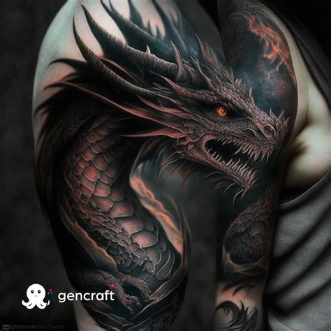 A striking tattoo of a black dragon, with bold, vibrant colors