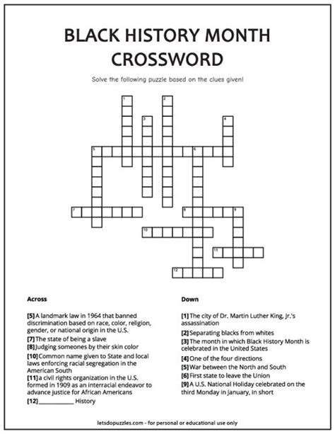 Black History Crossword Puzzle Printable