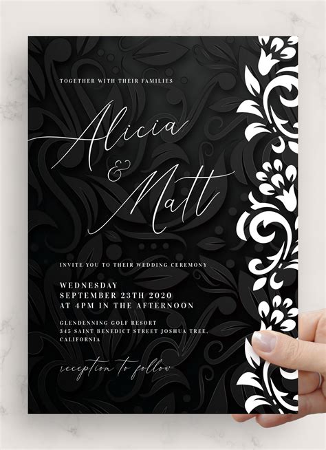 Black Wedding Invitation Templates with Ribbon and Embellishments