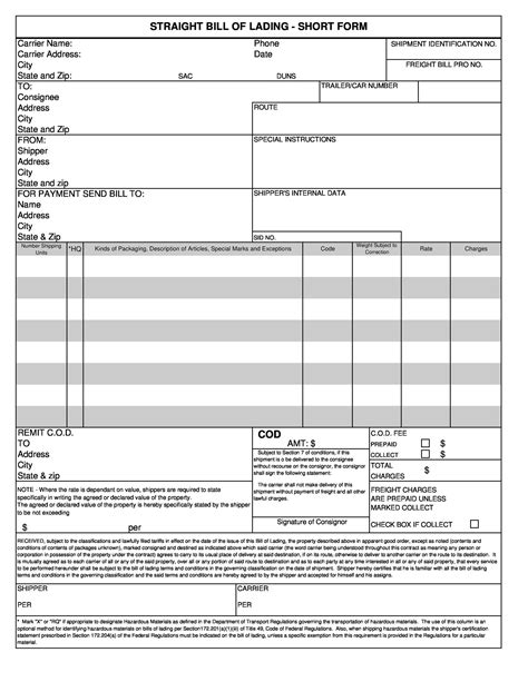 Blank Bill of Lading Template