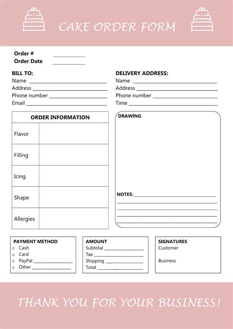 A blank cake order form template