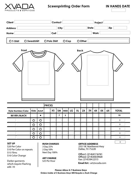 Blank T-Shirt Order Form Template