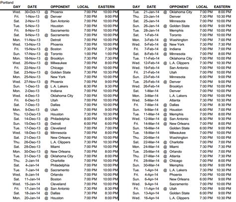 Blazers Schedule PDF