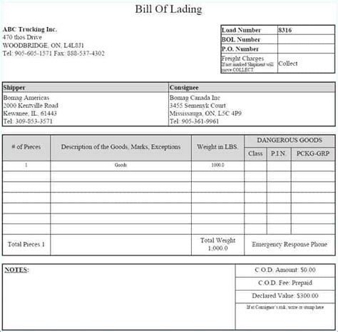 Blind Bill of Lading Template Example