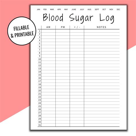 Blood Sugar Log Sheet with Medication Tracker