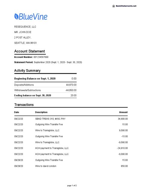 Bluevine Bank Statement Template Excel