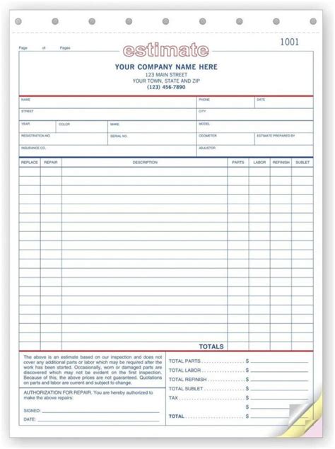 Body Shop Estimate Form Template Example