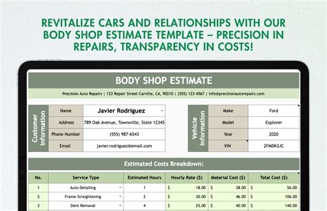 Body Shop Estimate Template Example