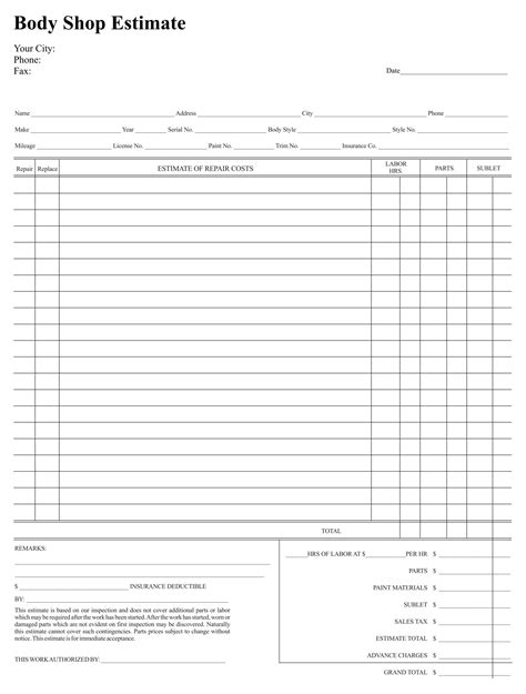 Body Shop Estimate Template Example