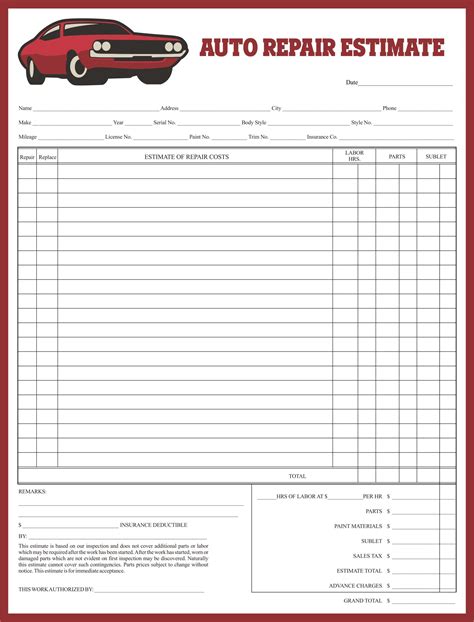 Printable Body Shop Estimate Template