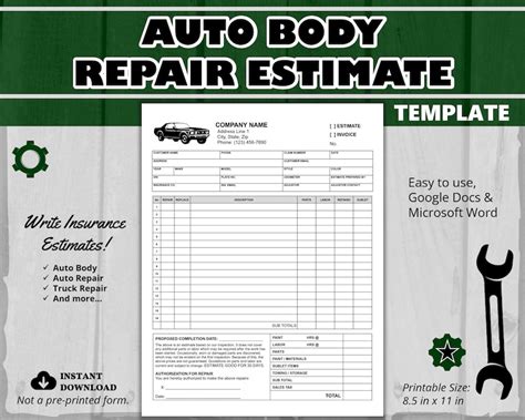 Body Shop Estimate Template Word