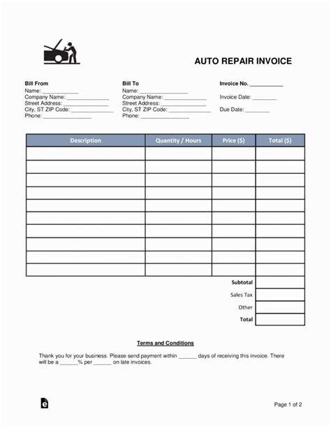 Body Shop Repair Invoice Template