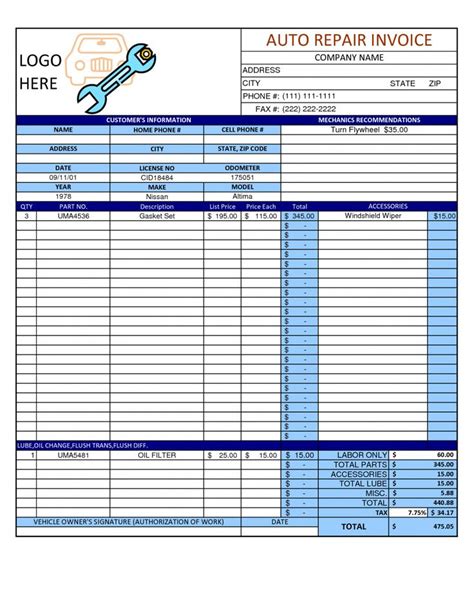 Body Shop Repair Invoice Template Example